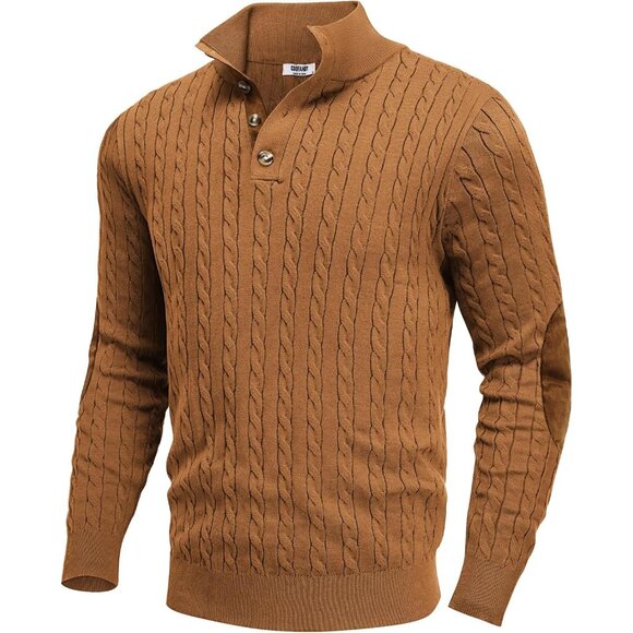Men's Cable Knit Pullover Sweater Long Sleeve Stand Collar Button Up Light Brown - Picture 1 of 6